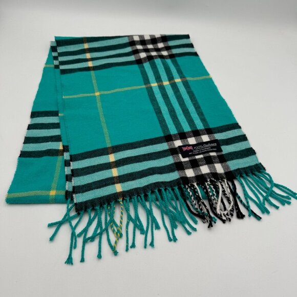100% CASHMERE Scarf Teal Big Plaid Stripe Design Soft - Picture 1 of 8